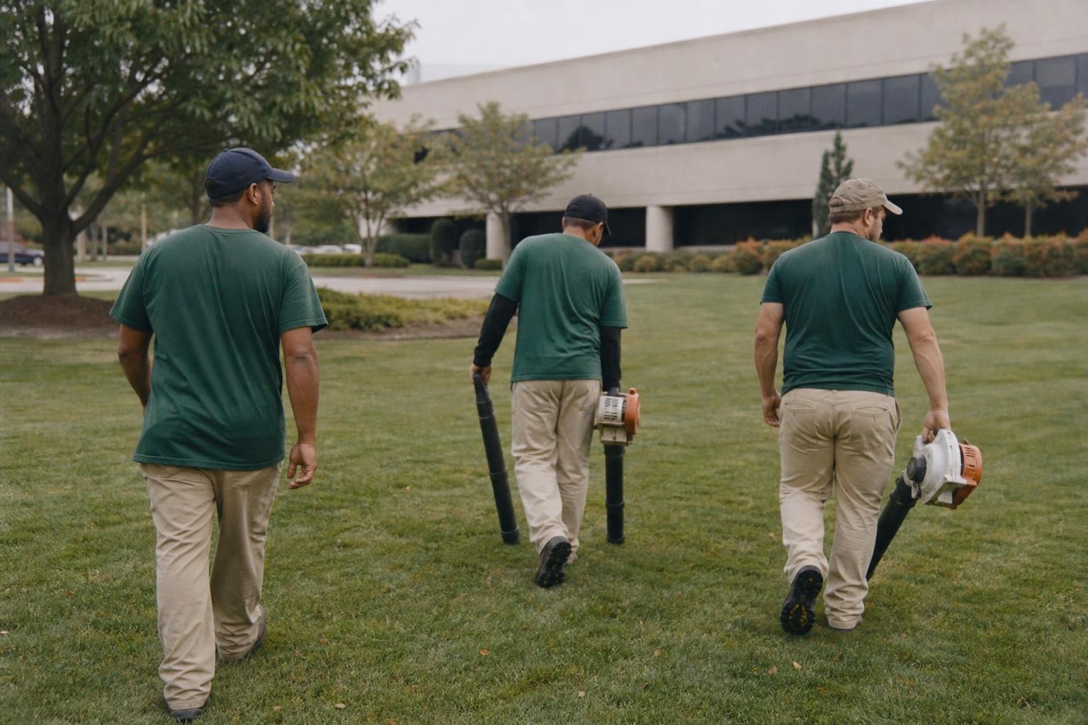 A landscaping crew walking across a commercial office park lawn at dawn, carrying equipment.