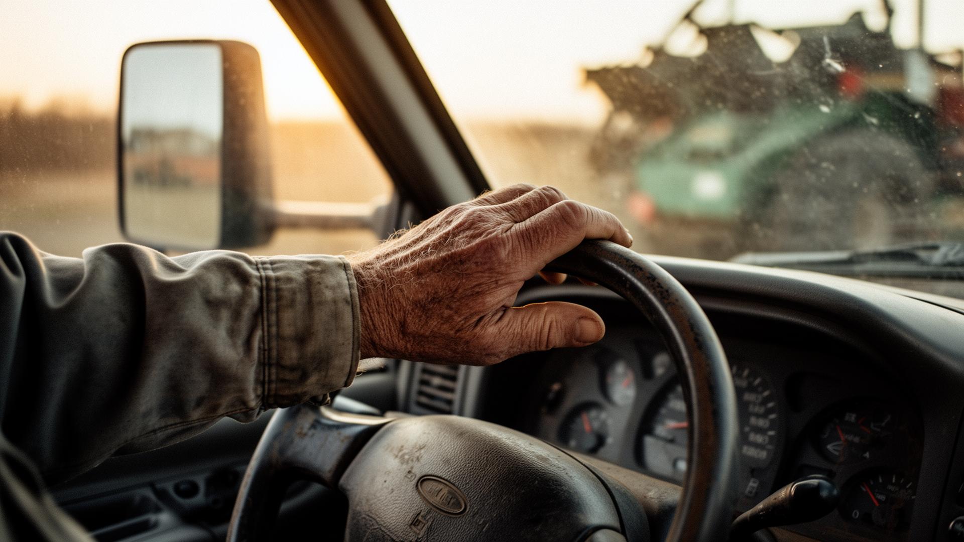 A weathered hand resting on the steering wheel of a landscaping work truck at golden hour.