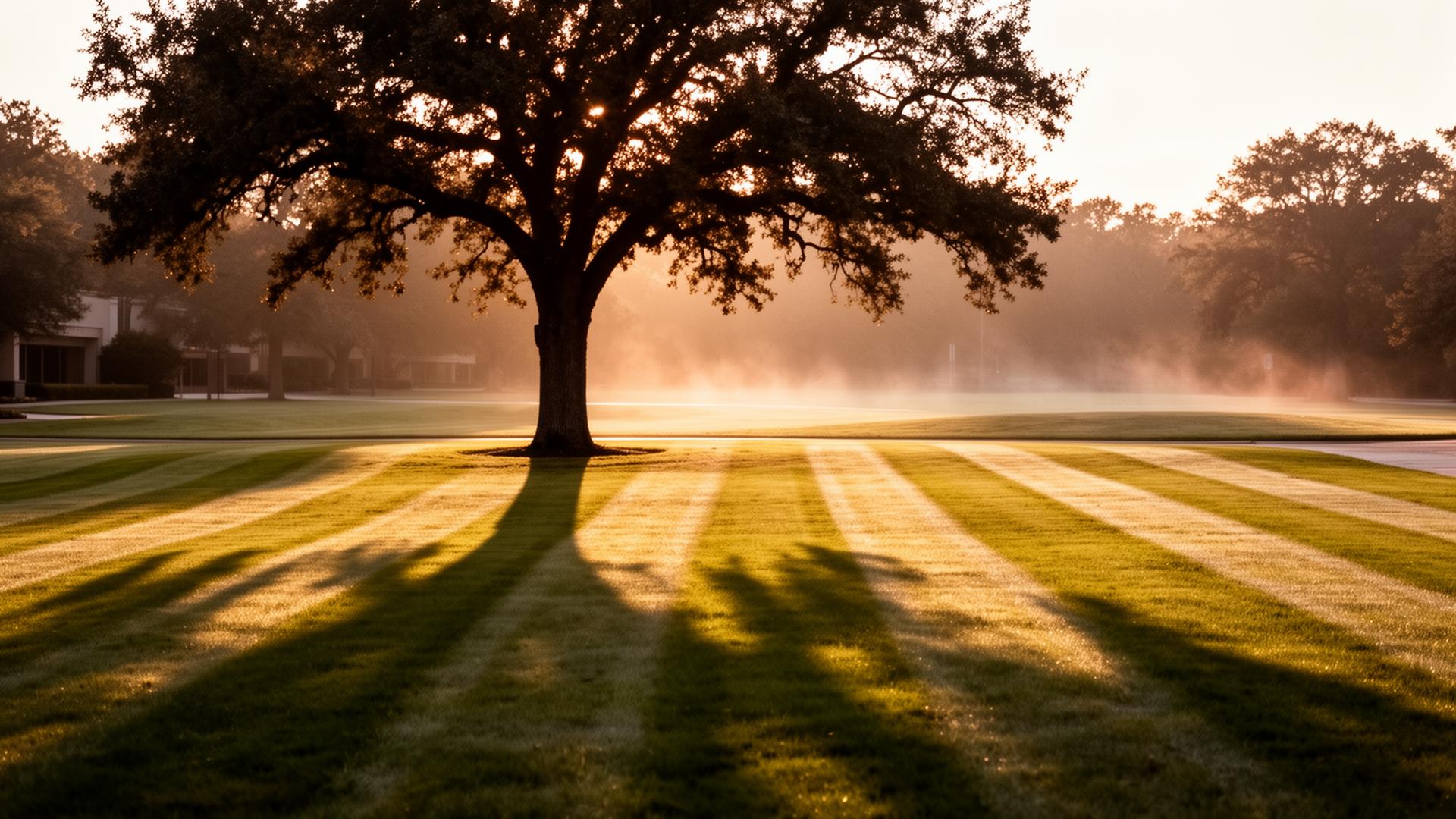 A manicured commercial property at golden hour.
